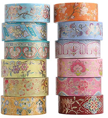 LGEGE 12 Rollen Washi Tape im chinesischen Stil, 15mm breit, Blumen, klassisches Muster, japanisches Abdeckband für Scrapbook, Bullet Journal, Geschenkverpackungen, DIY (2m)