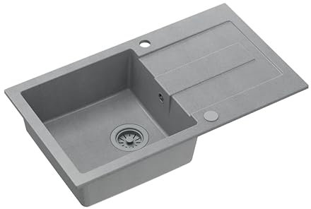 QUADRON Spülbecken Spüle Grau | Größe 78 x 45 x 18,5 cm | Granit Granitspüle CHRISTIAN 111 Einzelbecken Küchenspüle | mit manuellem Siphon und Abtropffläche | 1 Becken Einbauspüle