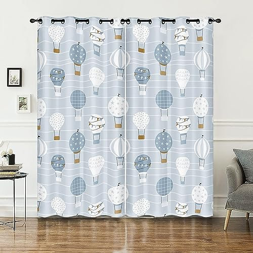 HOSIMA Heißluftballon-Vorhänge,Ösenvorhänge,Set mit 2 Vorhängen,Graue Vorhänge mit Heißluftballon-Aufdruck,Vorhänge für Kinder und Teenagerzimmer(Grauer Heißluftballon XL)