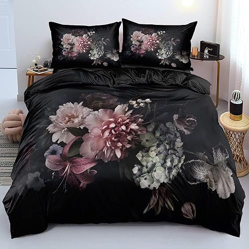 Freyamy 3D Blüten Bettwäsche 135x200cm 2teilig Schwarz Rosa Blumen Bettwäsche Romantisch Floral Mädchen Bettwaren-Sets 100% Microfaser Bettbezug mit Reißverschluss und Kissenbezug 80x80cm