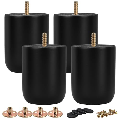 TCHOSUZ Lot de 4 pieds de meubles ronds en bois massif noir de 10 cm avec boulons de suspension M8 et écrous en T ou rehausseurs pour canapé, table, armoire, ottomane inclinable