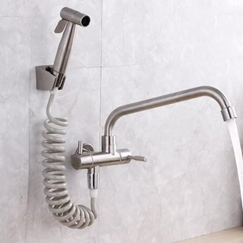 JQFDD Rubinetto Cucina a Muro Solo Acqua Fredda Acciaio Inox Rubinetto Cucina con Pistola a Spruzzo Rubinetto da Muro Spazzolato-Un