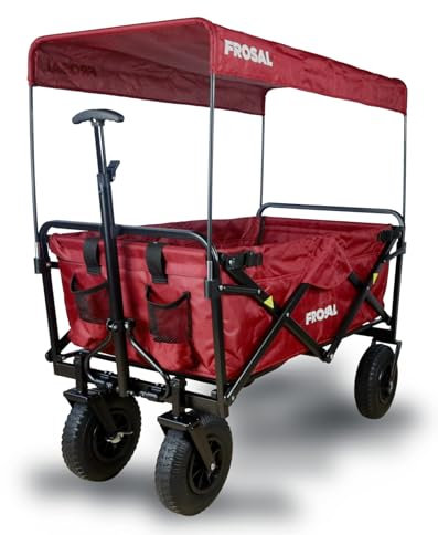 FROSAL Bollerwagen Nick rot faltbar mit Luftreifen Bremse & Dach Kinder Strand Handwagen Faltbollerwagen