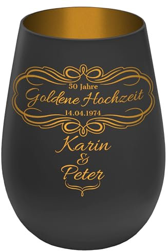 Windlicht mit Gravur ''50 Jahre Goldene Hochzeit'' - Schwarz/Gold - Glas Teelichthalter personalisierbar mit Wunschtext - Geschenk zu Hochzeit Jahrestag Jubiläum