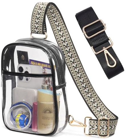 QOECI Transparente Tasche für Stadionveranstaltungen, durchsichtige Konzerttasche, durchsichtige Tragetasche, Stadion-zugelassen, durchsichtige Umhängetasche mit 2 Riemen, 5# Schwarz-F, Small,