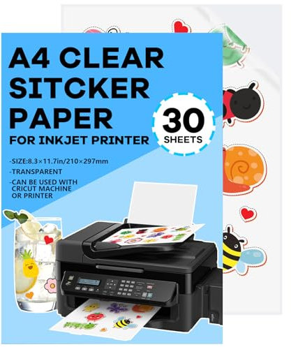 NICEIN® A4 Selbstklebende Folie Sticker Papier | Vinyl Klebefolie Transparent Druckerpapier, Wasserfest Bedruckbare Klebefolien Aufkleber für Tintenstrahldrucker Laserdrucker (transparent-30pcs)