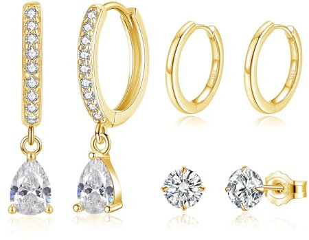Loutade Creolen Silber Damen Ohrringe, 3 Paare 925 Sterling Silber Creolen & Zirkonia Ohrstecker & Ohrringe Creolen mit Wassertropfen Anhänger Set, Klein Schlafen Ohrringe Creolen Gold Ohrstecker