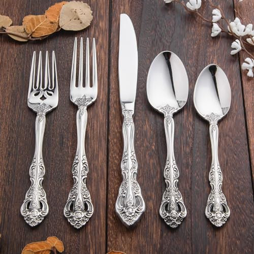 Luxuriöses, feines Silberbesteck-Set für 12 Personen, 60-teiliges Besteck-Set mit Reliefskulptur, durchbrochenes Design, elegantes Tafelset, Besteck-Set aus Edelstahl 18/10, Utensilien-Sets für das R