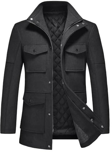 KUDMOL Men's Warm Winter Coat Mid-Length Multiple Pockets Overcoat Casual Peacoat(Black,S)