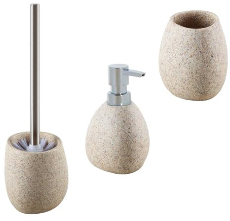 iubihome - Set Bagno Accessori Completo Moderni, Kit Bagno Color Sabbia 3 Pezzi con Scopino Bagno Wc, Porta Sapone Liquido e Spazzolini