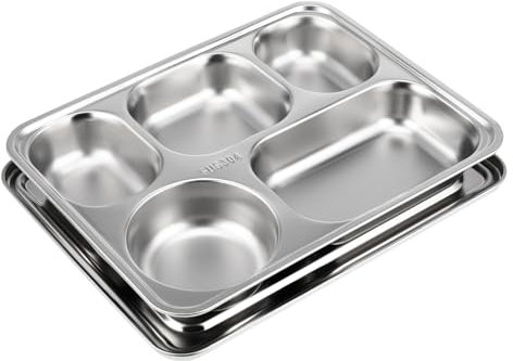 SHOWERORO Edelstahl Serviertablett Mit 5 Fächern Geteilter Teller Für Lebensmittel Lebensmittelecht Unterteilter Speiseteller Für Picknick Und Alltag Mit Deckel Für Kinder Und Erwachsene