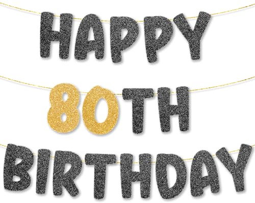 TOYVENTURES 80th Birthday Banner pre strung - NO DIY - Gold Glitter 80th Birthday Decorations for Women & Men, Party Banner - Party Decor Sign Funny Party Supplies, Did we mention NO DIY?