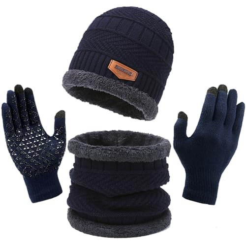 TYXHXTF 3in1 Winter Mütze, Schal, Handschuh Set, Warmer Warme Beanie und Loop Schal Touchscreen Handschuhe Herren Damen, Wintermütze Winterschal Handschuh-Sets für Ski (Blau)