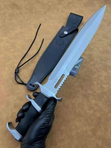 Generisch TEERMA Jagdmesser OU7 Klinge 28 cm D2 Stahl, Gürtelmesser mit Olivenholznholzgriff,Schwarze Lederscheide, Werkzeug zum Angeln, Jagen, Camping und Wandern