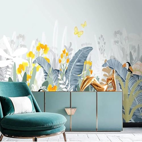 XLMING Tropische Pflanzen Bananenblätter Schmetterlinge Gelbe Blumen 3D Dekorative Tapete Speisesaal Arbeitszimmer Wohnzimmer Schlafzimmer Sofa TV Wand-300cm×210cm