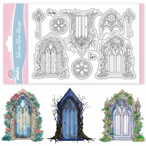 GLOBLELAND Gotischer Architektur Silikonstempel Vintage Stil Transparente Stempel Blumen Türschlüssel Klare Stamps Für Karten Herstellung DIY Scrapbooking Basteln