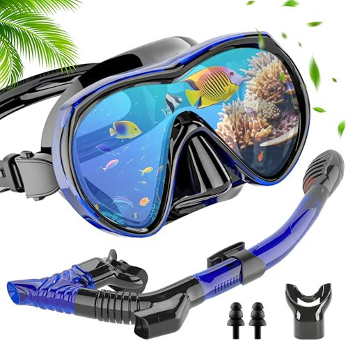 IEEILULU Schnorchelset Erwachsene, Schnorchel Set mit Anti Fog Anti Leck Taucherbrille und 3 Kanal Dry Schnorchel, Taucherbrille Erwachsene aus Gehärtetem Glas für Tauchen Schwimmen (Blau)