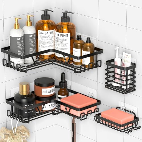 Kegii Étagère Douche Angle en Acier Inoxydable Noir - Set 4 pièces Etagere Douche Sans Percage avec Porte-Savon & Support Brosse à Dents (Dimensions en Photos)