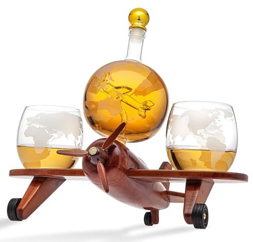Glass Decanter - Whisky Decanters, Whiskey Gold Label Globe Shaped Wine Set, 2 Etched Globe Glasses