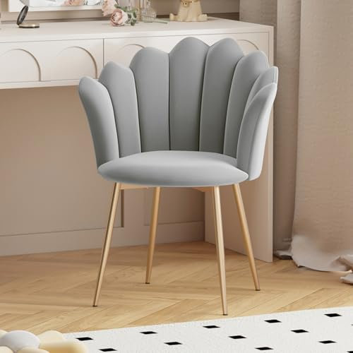 Luxstein Schminktisch Stuhl, Samt Sessel mit goldenen Metallbeinen, eleganter Muschel Stuhl, Polsterstuhl für Wohnzimmer, bequemer Loungesessel, Armlehnstuhl im modernen Design, 62x56x79cm, Grau
