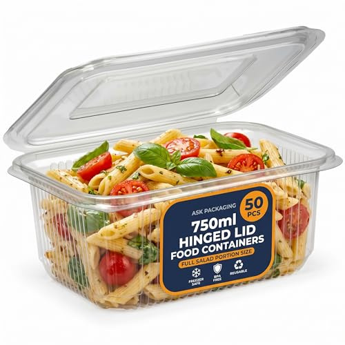 50 x 750ml Reusable Clear Food Containers with Lids – Hinged Lid Container | Re-usable, BPA-Free, Freezer Safe, Stackable Food Takeaway Containers for Sandwiches, Pasta, Salads & Catering Portions