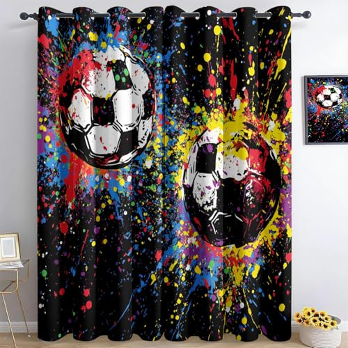 Generisch Graffiti Fußball 3D Druck Wärmeisoliert Ösen Blickdicht Wohnzimmer Vorhänge Für Kinderzimmer Dekoschals Gardine (214X183Cm(Hxb) Verdunkelungsvorhang Set Für Schlafzimmer