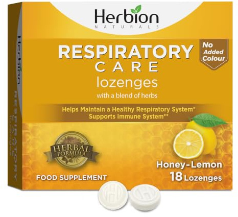 Herbion Respiratory Care Lozenges, Honey Lemon Flavour Herbal Blend for Throat Comfort & Respiratory Wellness 18 Lozenges, No Added Colours