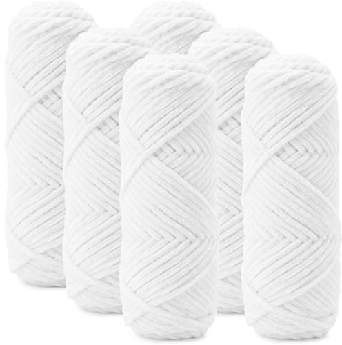 Lighterday 6 × 100 g Chenille Wolle zum Häkeln,Chenille Garn Dicke Wolle zum Häkeln,Weiche Flauschige Dick Stricken Yarn,Chunky Strickgarn für Mützen,Schal,Socken,Pullover und Decke(Reinweiß)