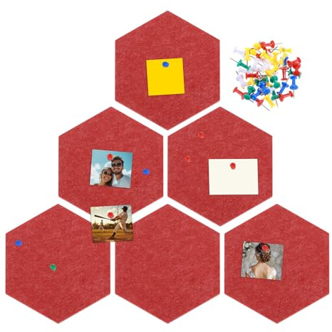 QUARKZMAN 6 Stück Sechseckige Filz Pinnwand 22 X 19 X 0.9 Cm Rot | Selbstklebende Filz Pinnwand, Kork Pinnwände, Mit 40 Stück Reißzwecken, Für Wände Dekoration Notizen Fotos Termine