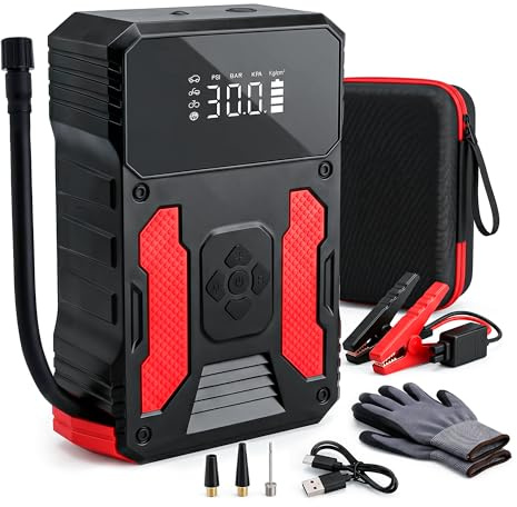 Car Jump Starter with Air Compressor, All-in-One 4000A 12V Battery Booster Power Bank with 150PSI Tyre Inflator for Petrol & Diesel Cars, Hard Case, Gloves & LED Torch