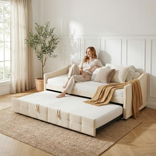 FOERPL Schlafsofa, 90 x 200 cm, 2-Sitzer-Sofa, Samtstoff, Einzelbett, Ausziehbett, ausziehbar, gepolstert, Bettsofa, 2 Personen, ohne Matratze