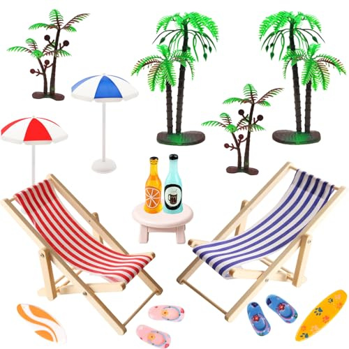 15 Stück Miniatur Zubehör, Strand Deko Kunstharz Mini Liegestuhl Deko Klein, mit Sonnenschirme Palmen Getränke Surfbrett, DIY Deko Strand Miniatur Dekoration Set für Puppenhäuser Sandkasten