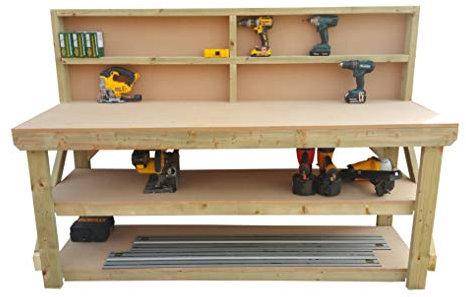 Wooden MDF Workbench With Back and Double Shelf - Work Table Handmade Strong Heavy Duty - Made From Construction Grade Timber (8ft)