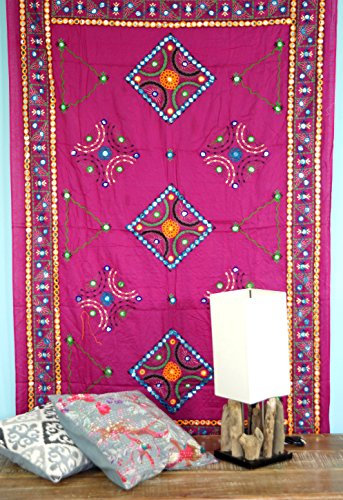 GURU SHOP Besticktes Tuch mit Spiegelchen, Indisches Boho Wandtuch, Pareo - Pink, Rosa, Baumwolle, 110x220x0,2 cm, Bettüberwurf, Sofa Überwurf
