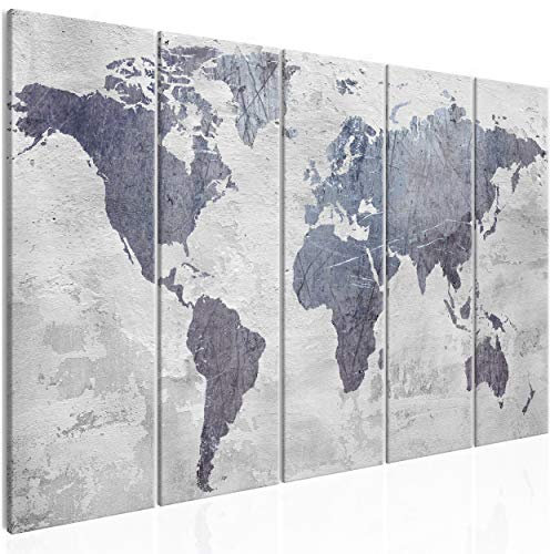 decomonkey Bilder Weltkarte 225x90 cm 5 Teilig Leinwandbilder Bild auf Leinwand Wandbild Kunstdruck Wanddeko Wand Wohnzimmer Wanddekoration Deko grau Steineffekt Kontinente Map Welt