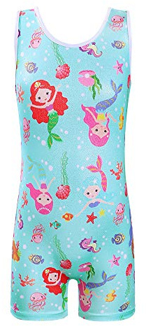 ZNYUNE Mädchen Turnanzug Pailletten Gymnastikanzug Trikot Ärmellos Kinder Gymnastikbody Wettkampf Gym Kleidung 169 MermaidCyan NO.100