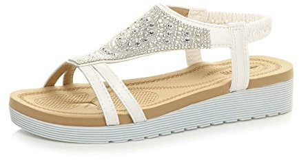 Ajvani Womens Ladies Low Wedge Heel Flatform Diamante t-bar Slingback Sandals , 9 UK, White