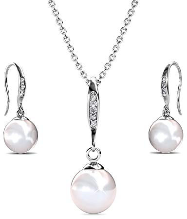 Nagel Jewellery Set Anhänger und Ohrhänger Glamour Pearl | 925 Sterling Silber | Vergoldet mit 18K Weißgold | Mit Perle und 5 Zirkonia Steinen | Kette 40 + 5 cm