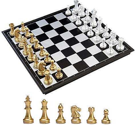 KOKOSUN Schachspiel Gold und Silber Schachfiguren, Magnetisch Faltbares Schachbrett Bequeme Aufbewahrung, Lernspielzeug/Geschenk für Kinder und Erwachsene (32×32cm)