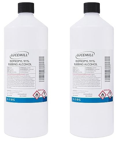 Lucemill 91% Rubbing alcohol | 2 x 1 Litre | Super Strength IPA Surface Sanitiser | 91% Isopropyl Alcohol | Clear Liquid