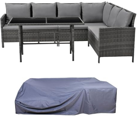 SVITA Madison & Monroe Polyrattan Ecksofa Rattan-Lounge Esstisch Gartenmöbel-Set Sofa Garnitur Couch-Eck (Madison + Haube, Grau)
