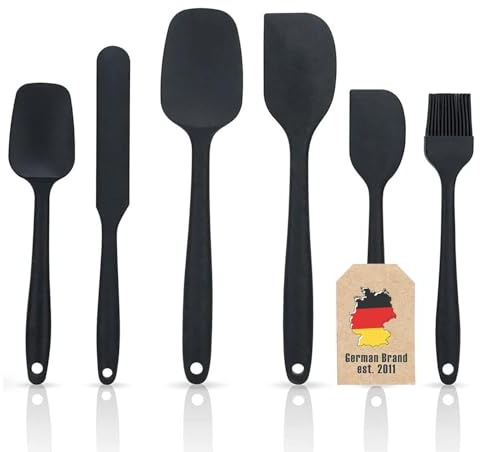 Intirilife 6-teiliges Silikon Spatel Set antihaft in Schwarz - Antihaftbeschichtetes Spatel Set, Teigschaber, Küchenhelfer, Backutensilien zum Kochen Backen Rühren Mischen - 230℃ Hitzebeständig