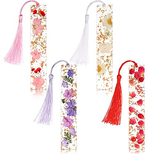 Lesezeichen, getrocknete Blumen, Kunstharz, transparent, Lesezeichen mit bunten, seidigen Quasten, für Frauen, Mädchen, Erwachsene, Kinder, Schulanfang, Bücherwurm, Geschenkkollektionen