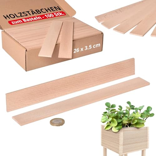 Metrie™ 100 Stück Robuste Rührhölzer, Holzstäbe zum Basteln 26 cm | Extra Breite, Hochwertiges Buchenholz | 260 x 35 x 3,5 mm | Universal DIY Holzleisten | Kinder | Mischen von Farben, Dichtstoffen