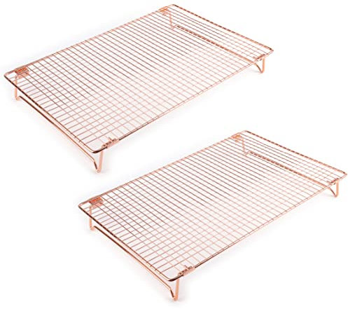 Kingrol 2 Pack Stainless Steel Cooling Racks with Collapsible Folding Legs, Stackable Grid Wire Racks for Cooking and Baking, Rose Gold