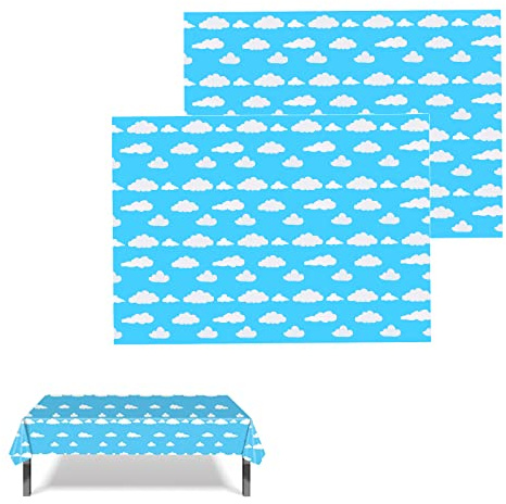 KINBOM 2pcs 137 x 274cm/ 54 x 108 Inch Blue Sky White Clouds Tablecover, Party Tablecloths for Rectangle Tables Cartoon Tablecloths for Birthday Party Rainbow Theme Decorations