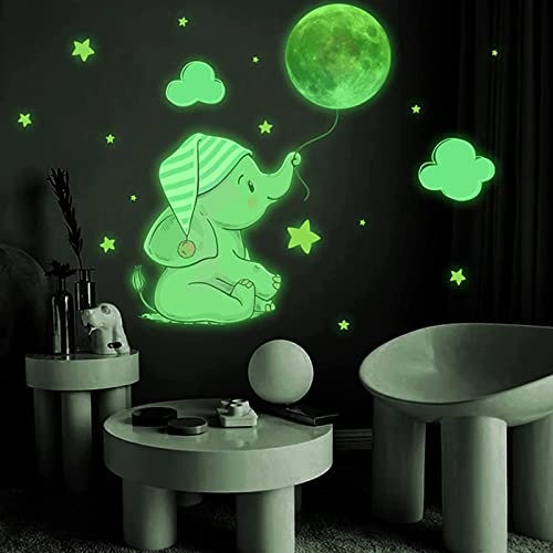 NA Qazuwa Cartoon Elefant Mond Stern kreative Fluoreszierende Wandaufkleber Sternenhimmel Aufkleber Leuchtsterne Wandsticker für Halloween Mädchen und Jungen Kinder Schlafzimmer Dekoration