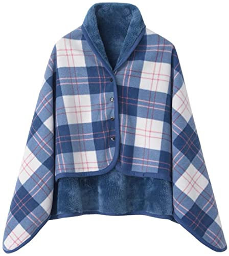 WINKEEY Femme Poncho Polaire Plaid Châle Polaire Cape Chaud d'hiver avec Boutons Couverture à Carreaux, Bleu