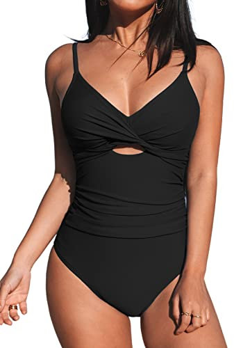 CUPSHE Damen Badeanzug V Ausschnitt Crossover Zierausschnitten Bauchweg Raffungen Einteilige Bademode Swimsuit Schwarz XL