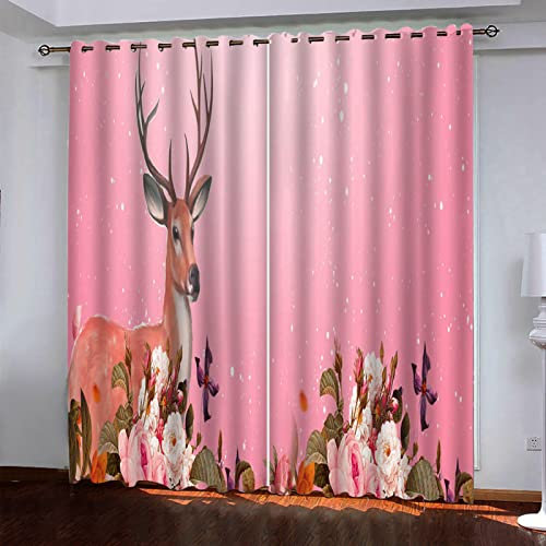 HOUKAI Vorhang Blickdicht Mit Ösen, 2-Set Deko Vorhänge, Verdunklungsvorhang, 3D Rosa Geblümter Elch Fenstervorhang Für Wohnzimmer Schlafzimmer 264x214Cm Gardinen Verdunkelung Für Schlafzimmer